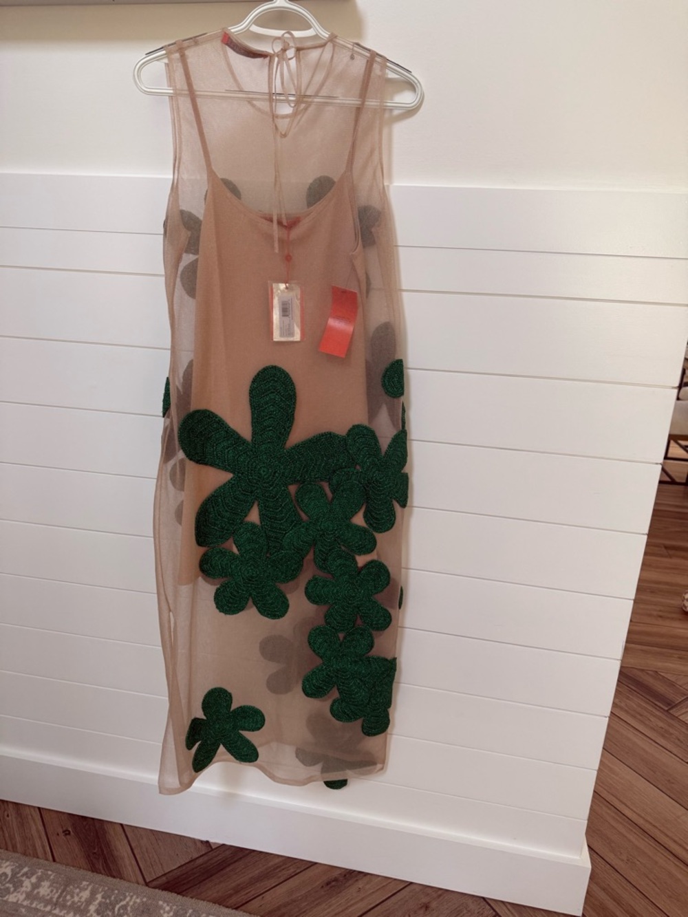 Simon Miller Nude Sheer Midi Dress with Green Floral Appliqués - Picture 2 of 9
